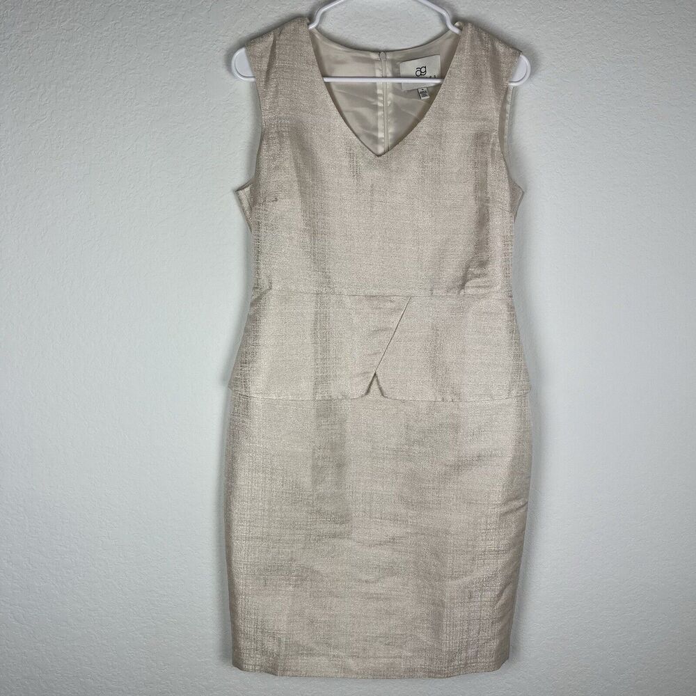 AG Phillips Dress 10 Sheath Metallic Cream Silk Work Career Cocktail Peplum​​​